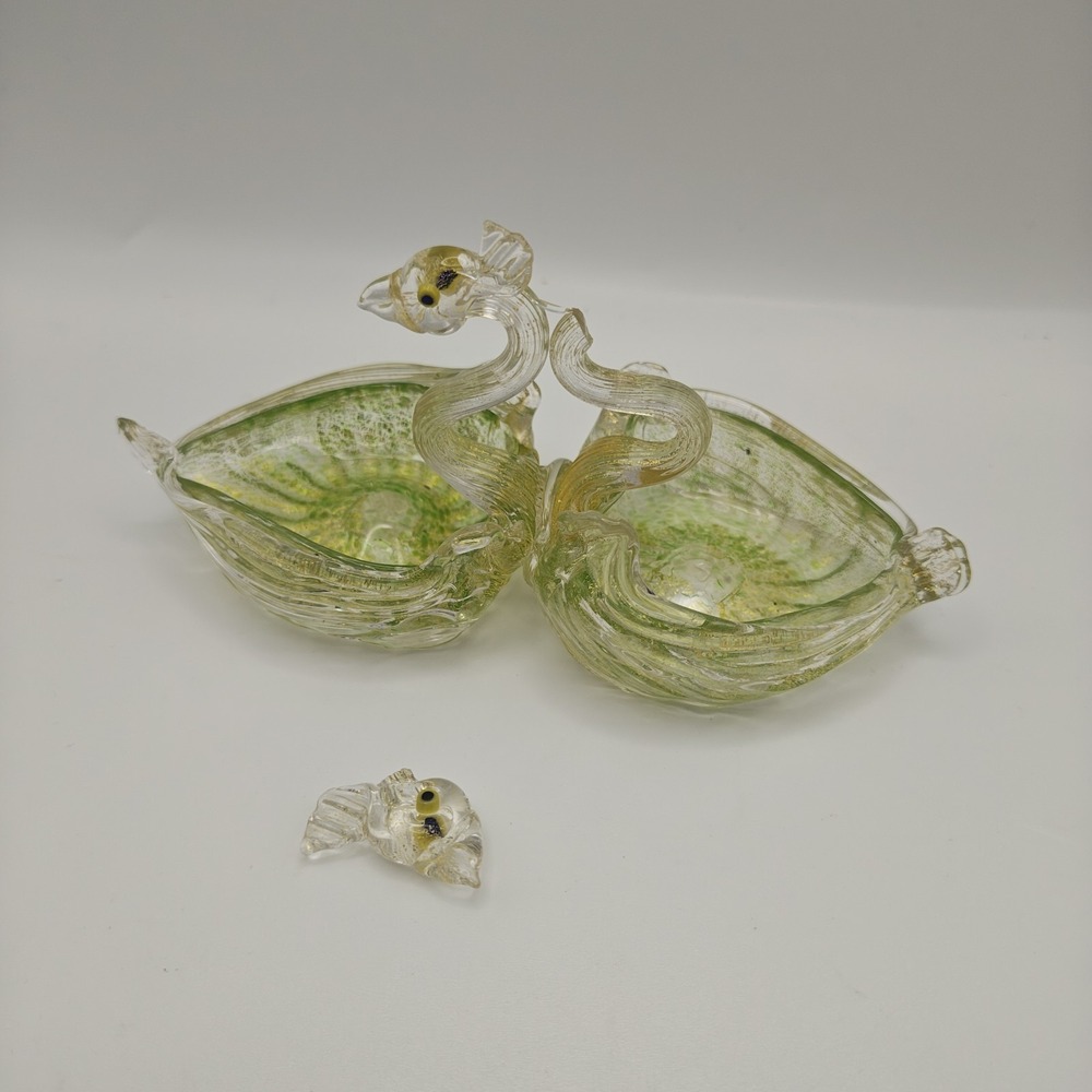 BROKEN Venetian Murano Art Glass Double Swan Dish Salt Cellar Green/Gold Vintage